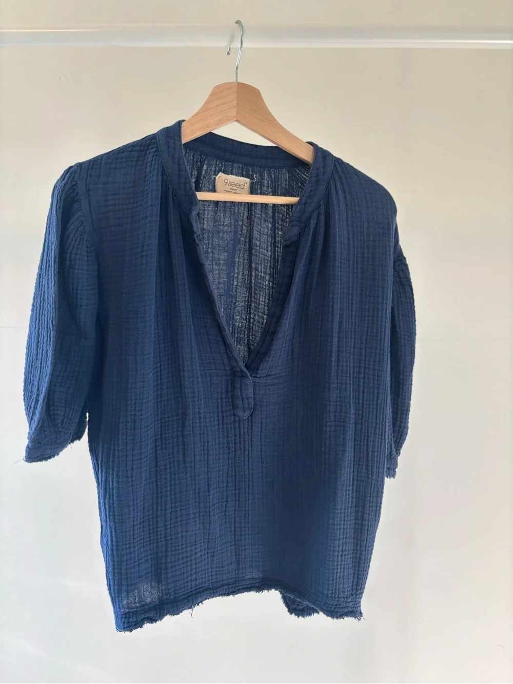 100% Cotton Navy Cotton Gauze Shirt | Navy Blue | Deep V Neck